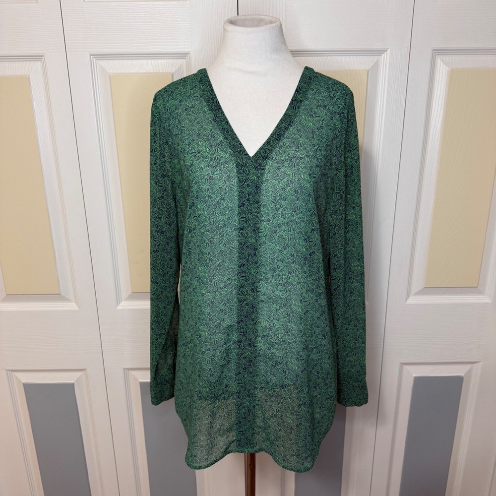 Cabi 5208 Bountiful Top Green Navy Paisley‎ V Neck Long Sleeve Blouse Top Size M